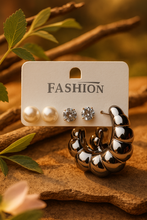 3-Pair Essential Earring Set - Pearl Studs, Diamond Simulant Studs, & Bold Gunmetal Hoops