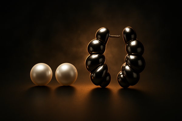 3-Pair Essential Earring Set - Pearl Studs, Diamond Simulant Studs, & Bold Gunmetal Hoops