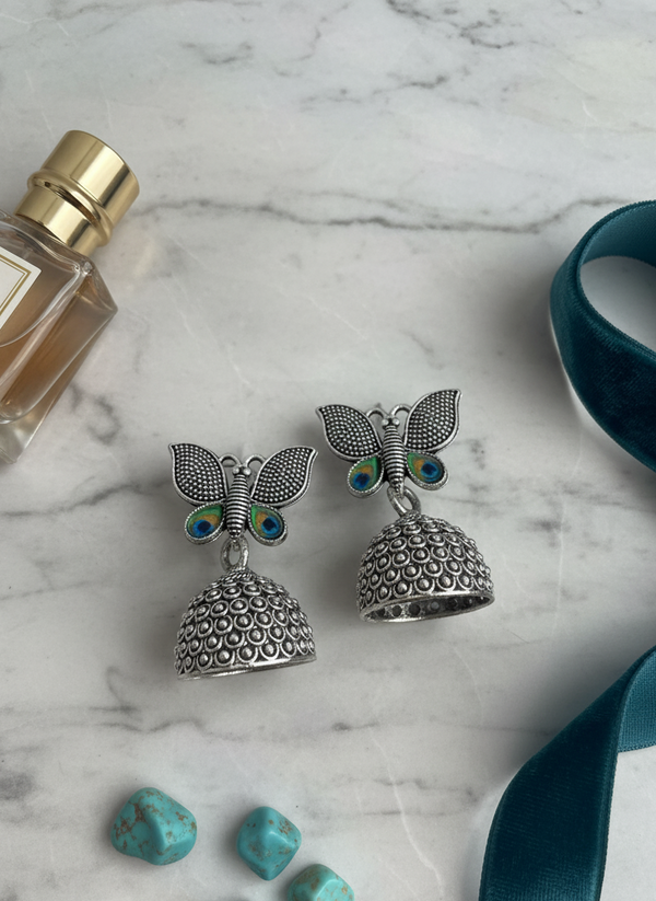 Oxidized Silver Butterfly Jhumka Earrings with Peacock Detailing