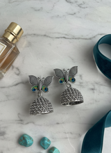 Oxidized Silver Butterfly Jhumka Earrings with Peacock Detailing