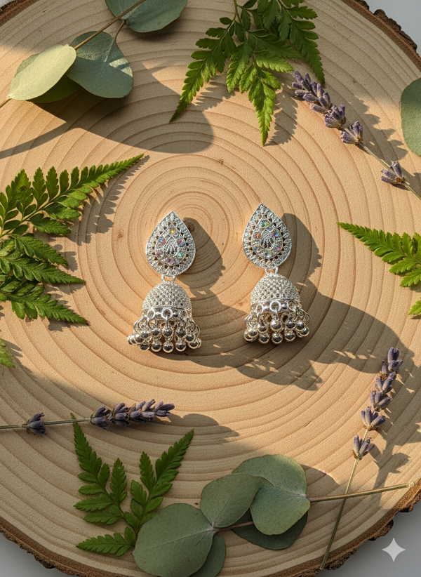 Dazzling AD Stone Teardrop Jhumka Earrings - Silver Plated Ethnic Jewelry