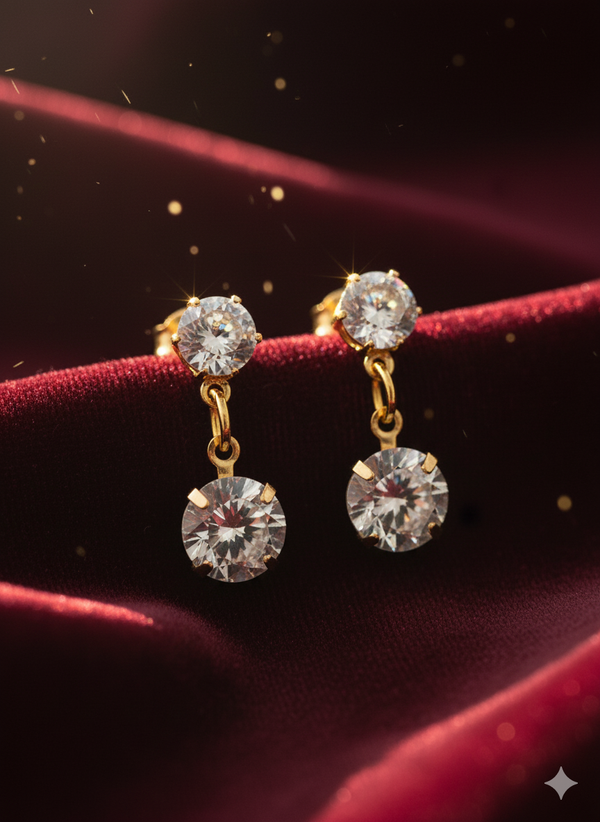 Double Stone Drop Earrings - Gold Plated Solitaire Dangler Earrings