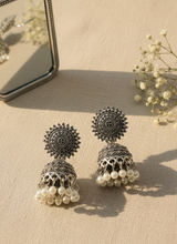 Antique Oxidized Silver Jhumka Earrings with Pearl Beads