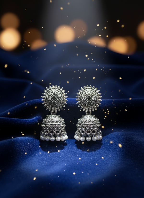 Antique Oxidized Silver Jhumka Earrings with Pearl Beads