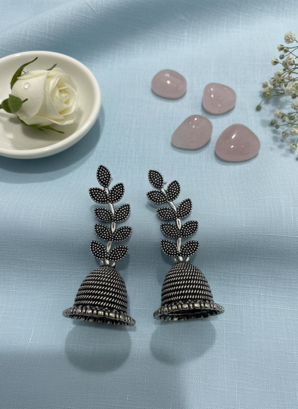 Oxidized Silver Leaf Design Jhumka Earrings