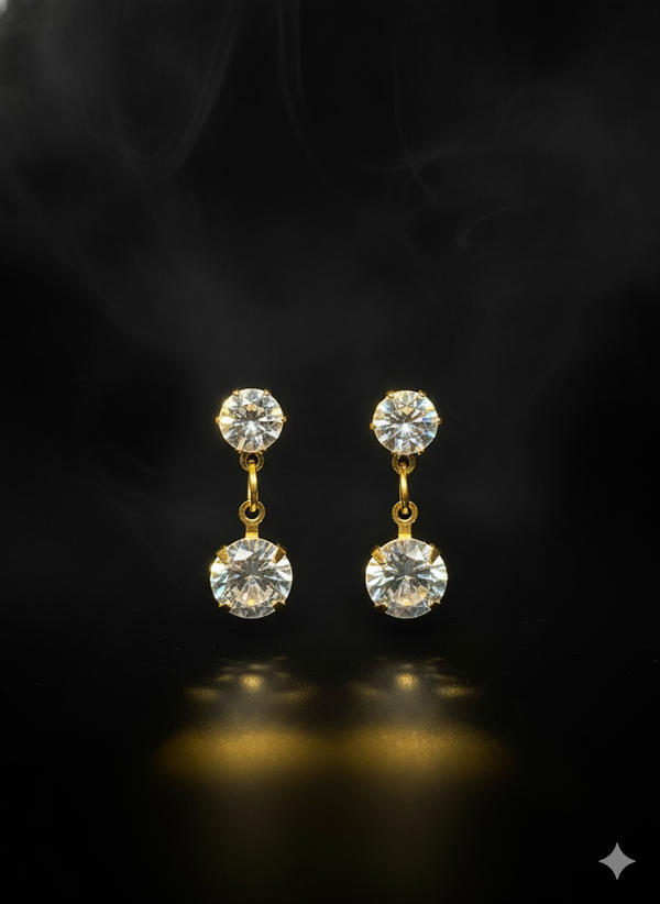 Double Stone Drop Earrings - Gold Plated Solitaire Dangler Earrings