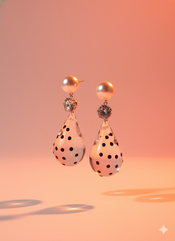 Novelty Acrylic Teardrop Dangler Earrings with Pearl and CZ Accent