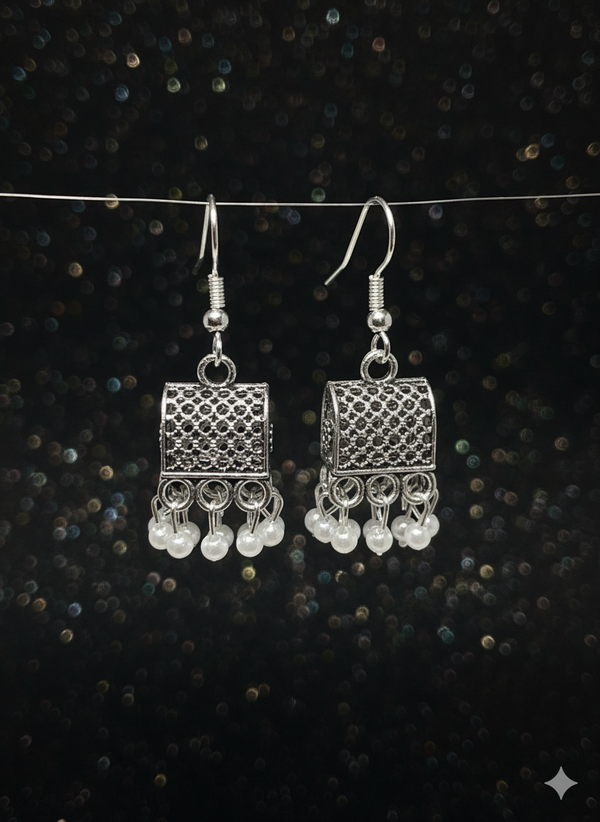 Silver Tone Rectangular Jhumka Earrings with Dangling Pearls