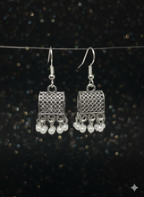 Silver Tone Rectangular Jhumka Earrings with Dangling Pearls