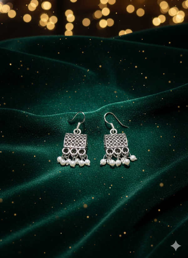 Silver Tone Rectangular Jhumka Earrings with Dangling Pearls