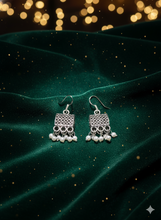 Silver Tone Rectangular Jhumka Earrings with Dangling Pearls