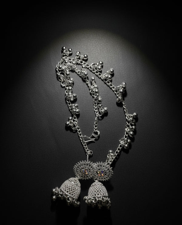 Heavy Silver Tone Jhumka Earrings with Attached Ghungroo Chain (Sahara Style)