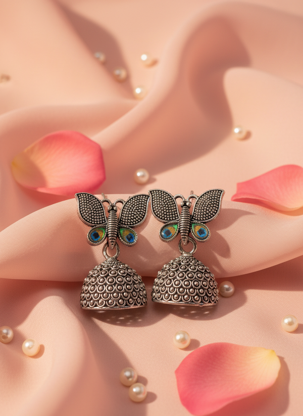 Oxidized Silver Butterfly Jhumka Earrings with Peacock Detailing