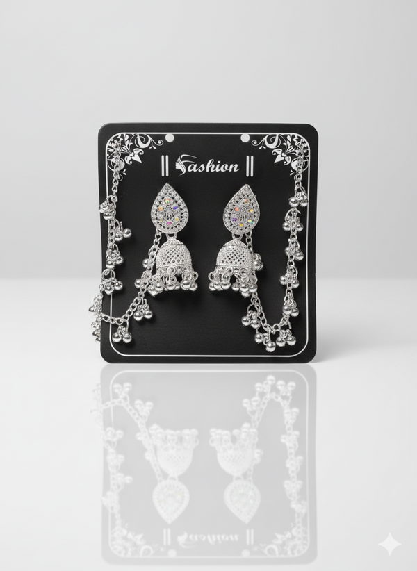Sparkling Silver Jhumka Dangler Earrings with Chain Detail