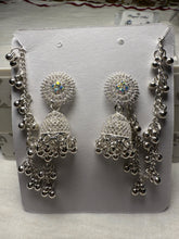 Heavy Silver Tone Jhumka Earrings with Attached Ghungroo Chain (Sahara Style)