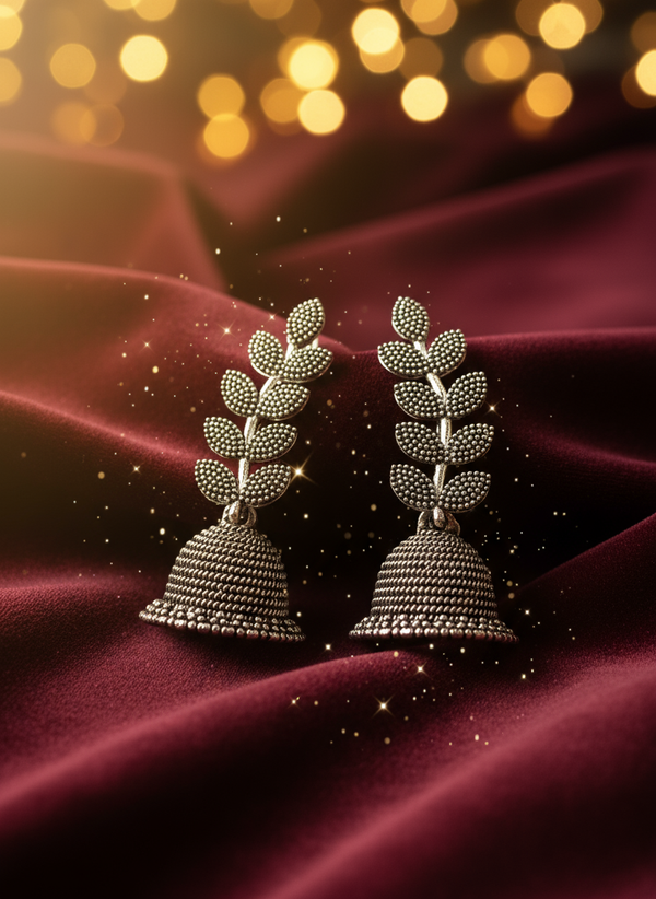 Oxidized Silver Leaf Design Jhumka Earrings