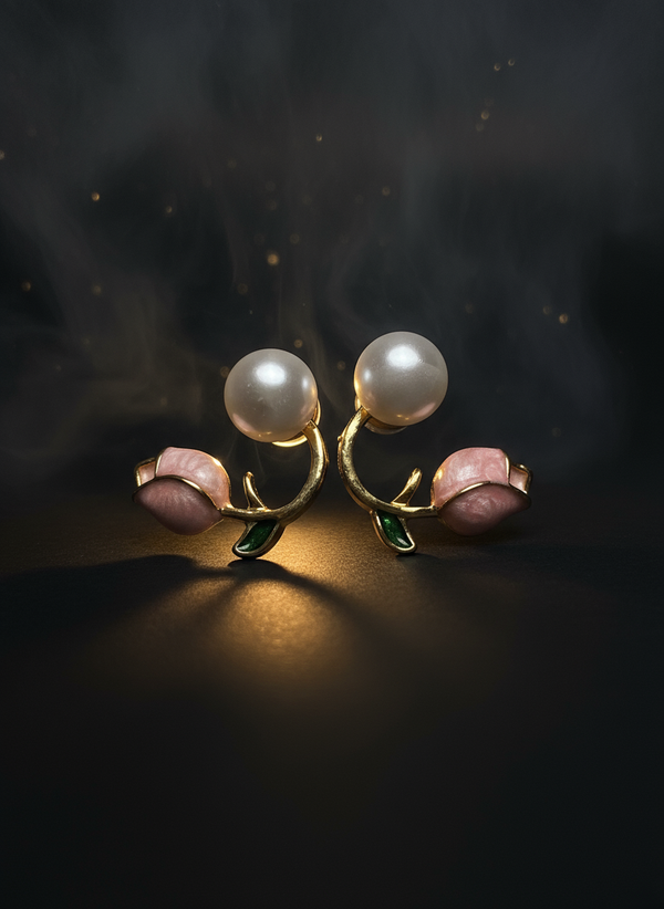 Pink Enamel Rose Bud Ear Jacket Earrings with Faux Pearl Stud